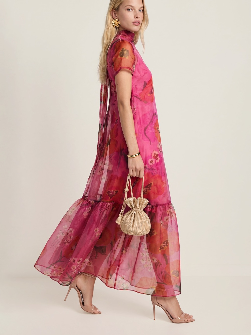 CAARA Melody Pink Poppy Floral Organza Maxi Dress L NWT